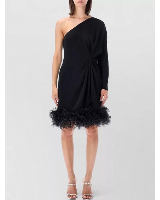 Valentino Garavani Black One Shoulder Dress Draped Feather Hem