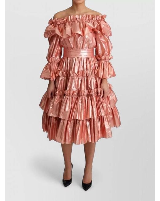 Dolce & Gabbana Red Ruffled Silk Cotton Occasion Midi Dress