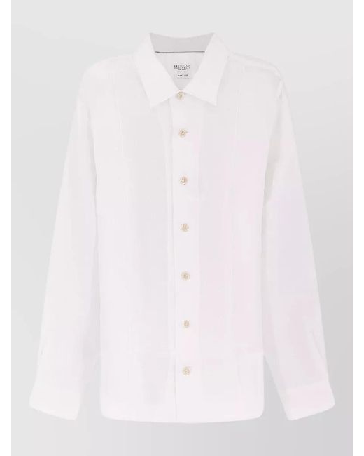 Brunello Cucinelli Pink Linen Easy Fit Short Sleeve Shirt for men