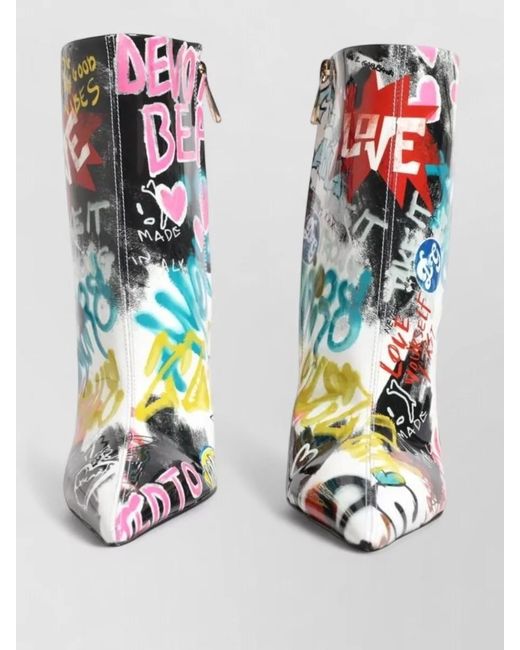 Dolce & Gabbana Gray Leather Graffiti-Print Mid-Calf Boots