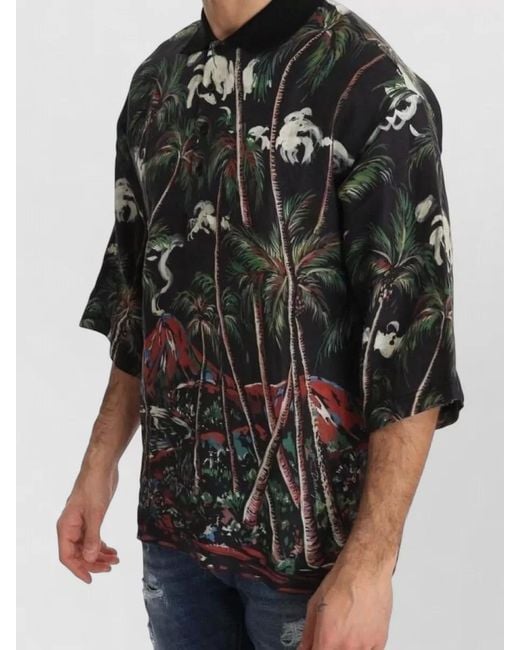 Dolce & Gabbana Black Linen Relaxed-Fit Printed Short-Sleeve Polo Shirt for men