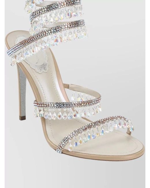 Rene Caovilla Natural Chandelier Satin High Heel Crystal Sandal