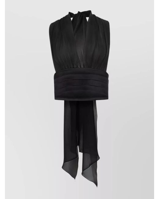 Nina Ricci Black Silk V-Neck Bow-Detail Halterneck Blouse