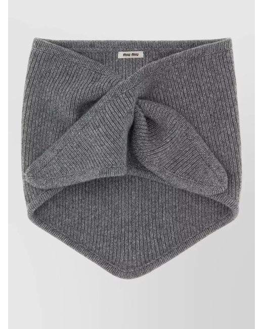 Miu Miu Gray Wool Blend Scarf Knitted Ribbed Stretch Shape