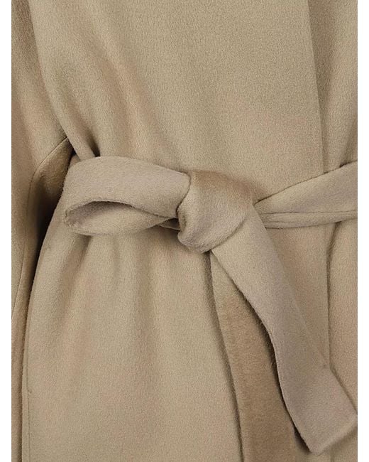 Sandbeige Natural Wool Midi Coat Mandarin Collar Belt