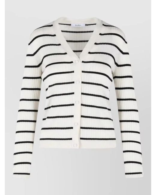 Max Mara Gray Striped Cardigan V Neckline Ribbed Knit