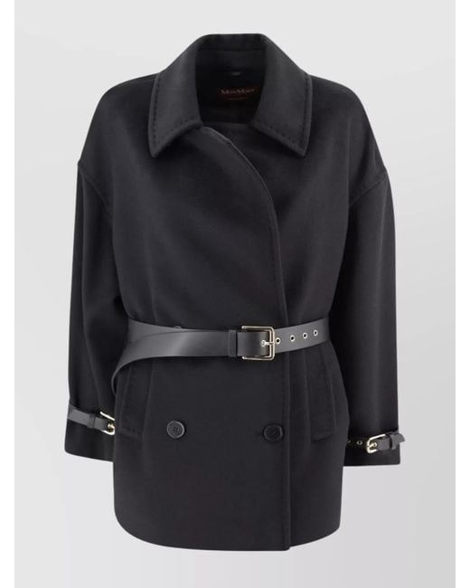 Max Mara Black Virgin Wool Belted Double-Breasted Short Coat