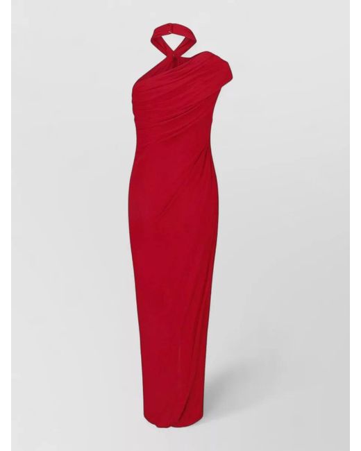 Balmain Red Draped Halter Maxi Dress Side Slit