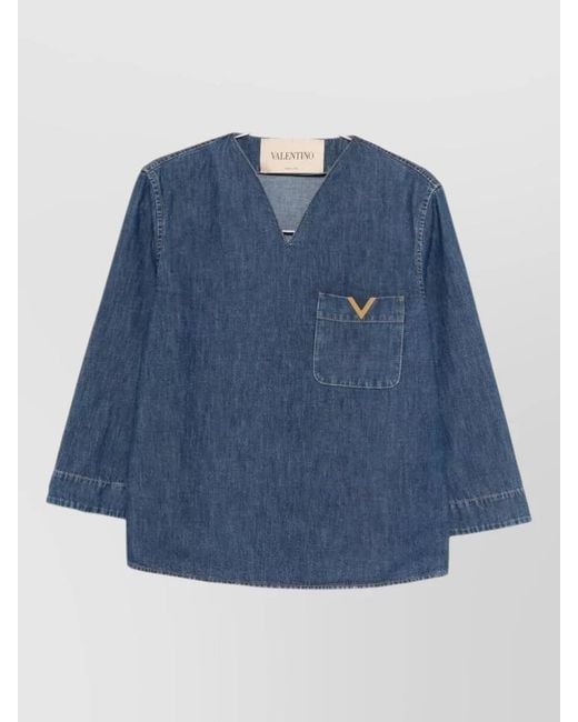 Valentino Blue Denim V-Neck Long-Sleeve Shirt