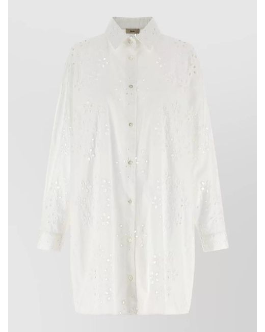 Herno White Floral Embroidery Long Sleeve Cotton Shirt