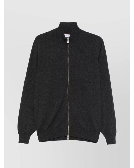 Brunello Cucinelli Men's Black High Neck Cashmere Cardigan With Ribbed Cuffs