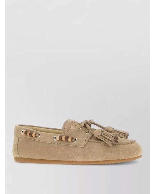 Miu Miu Natural Suede Lace Up Loafers Beaded Tassels