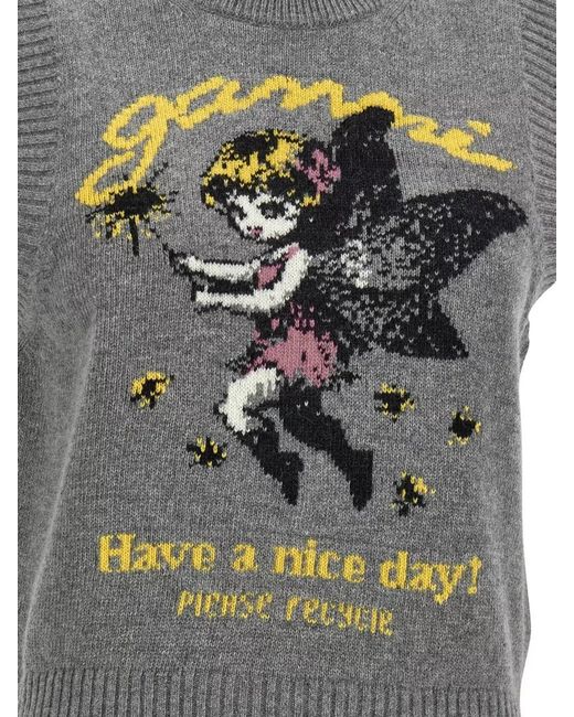 Ganni Gray Knit Top Crew Neck Graphic Print
