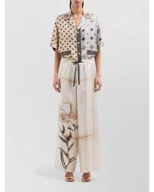Pierre Louis Mascia Natural Silk Trousers Floral Print Wide Leg
