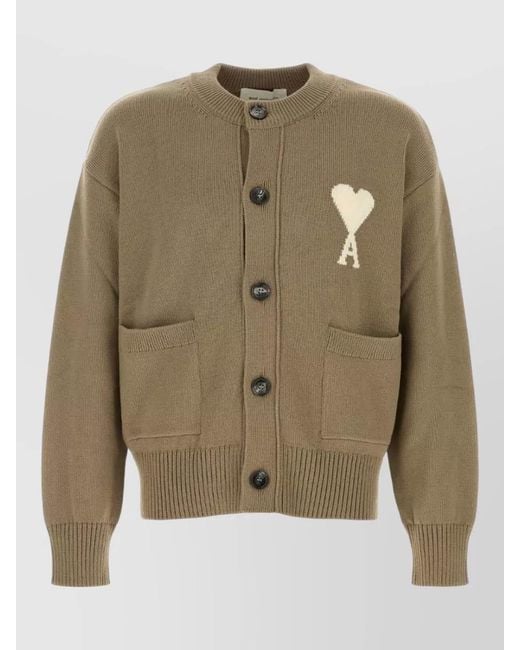 AMI Green Wool Blend Cardigan Front Pockets for men