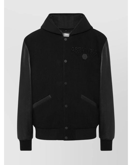 Philipp Plein Black Logo Bomber Jacket With Hood And Leather Sleeves for men