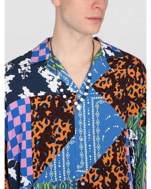 Marcelo Burlon Blue Hawaii Patchwork Shirt Bowling Collar Long Sleeves for men
