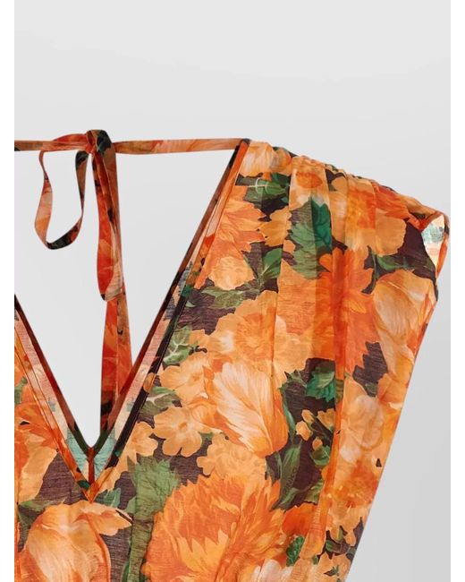 Pinko Orange Arcore V Neck Sleeveless Floral Waist Top
