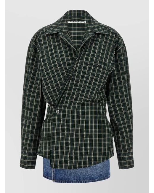 Alexander Wang Green Plaid Long Sleeve Shirt Dress Asymmetric