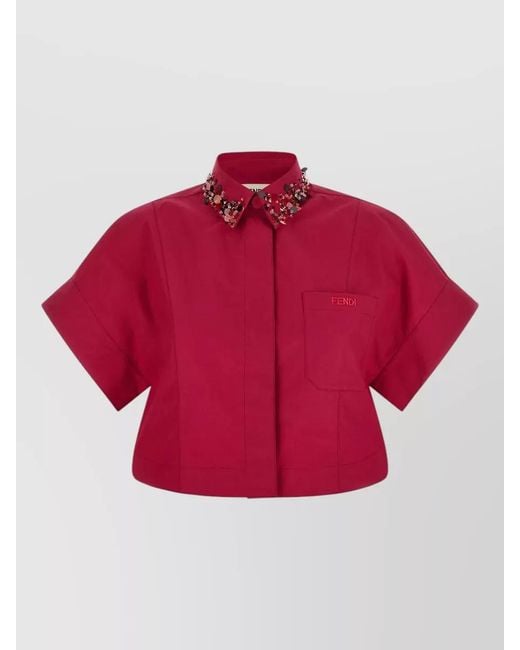 Fendi Red Cropped Shirt Embroidery Collar Short Sleeves
