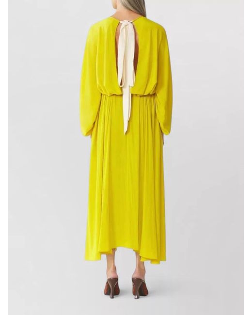 Lanvin Yellow Draped Gathered Long-Sleeve Crew-Neck Midi Dress