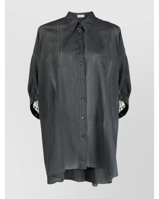 Brunello Cucinelli Gray Striped Draped Silk Cotton Shirt