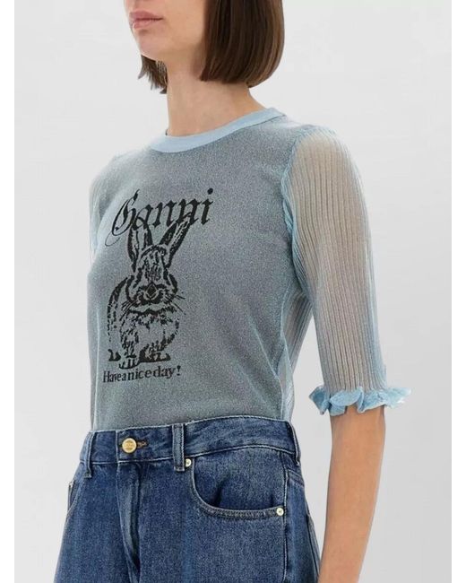 Ganni Blue Bunny Crew Neck Knit Top Sheer
