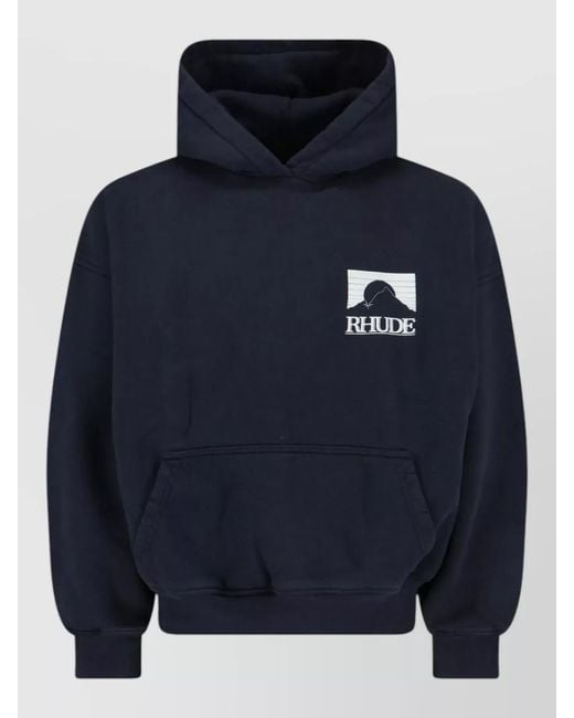 Rhude Blue Hooded Sweatshirt Kangaroo Pocket Ribbed Cuffs Hem for men