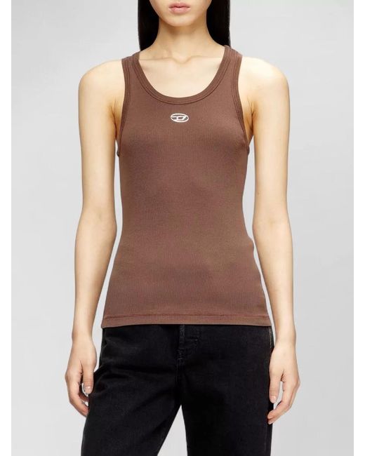 DIESEL Brown Short Sleeve Top Ribbed Trim Sleeveless
