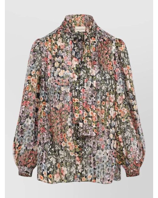 Valentino Multicolor Silk Floral-Print Long-Sleeve Blouse