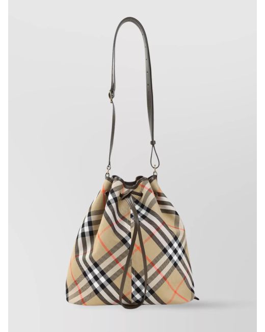 Burberry White Check Medium Cotton Drawstring Bucket Shoulder Bag