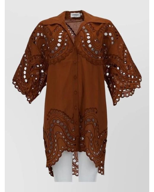 Charo Ruiz Brown Tao Dress Eyelet Detailing Scalloped Edges