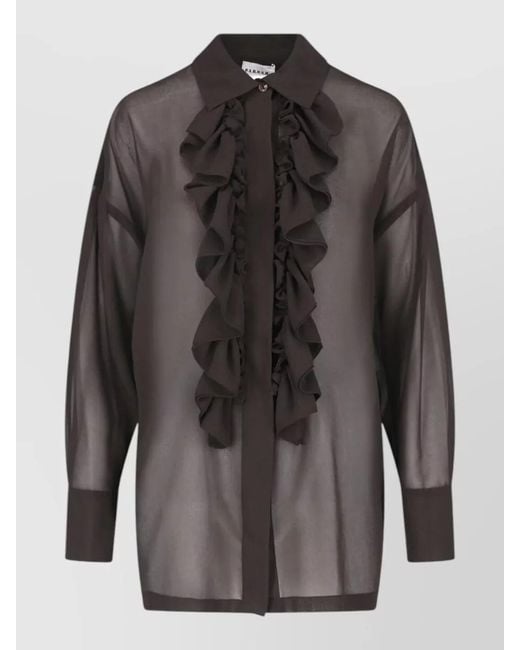 P.A.R.O.S.H. Gray Shirt Collar Sheer Top Long Sleeves Ruffled Front
