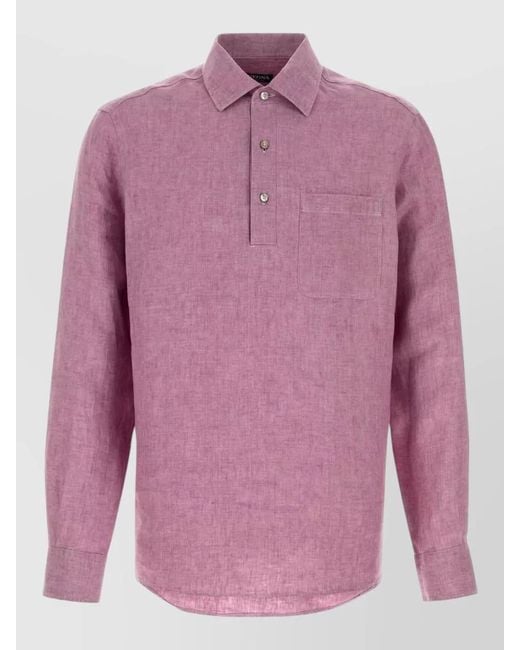 Zegna Pink Linen Shirt Long Sleeves Chest Pocket for men