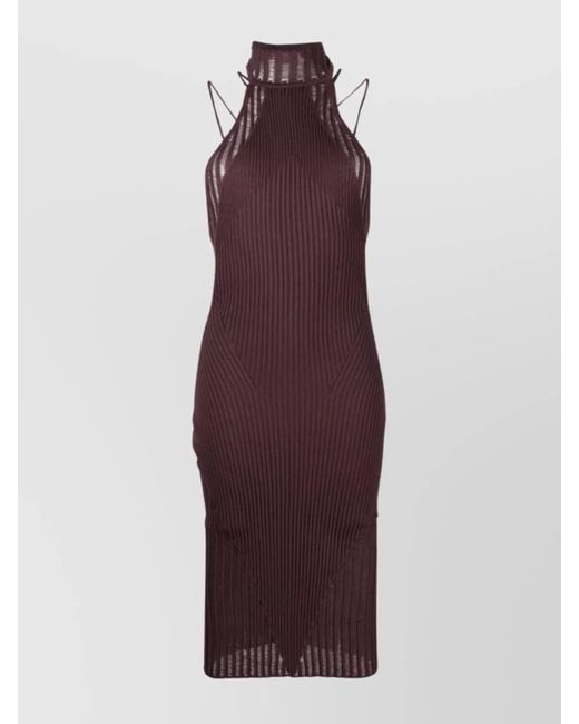 ANDREADAMO Purple Ribbed Halterneck Paneled Knitted Midi Dress