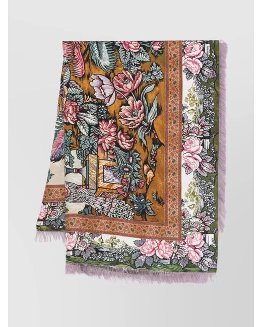 Pierre Louis Mascia Gray Silk Scarf With Floral Pattern And Fringed Edges