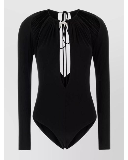 MARINE SERRE Black Viscose Cutout Draped Bodysuit