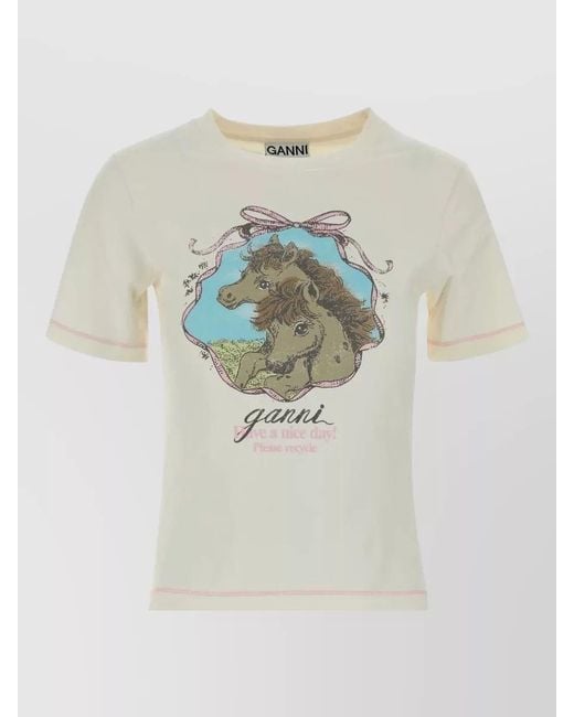 Ganni Multicolor Stretch Cotton T Shirt Graphic Crew Neck