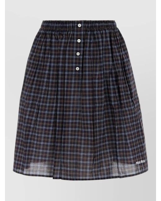 Miu Miu Blue Cotton Skirt Pleated Design Plaid Pattern