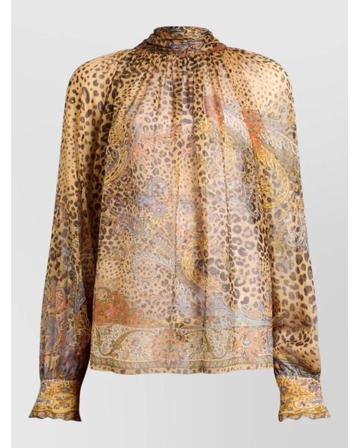 Etro Brown Silk Chiffon Paisley Animal-Print Blouse