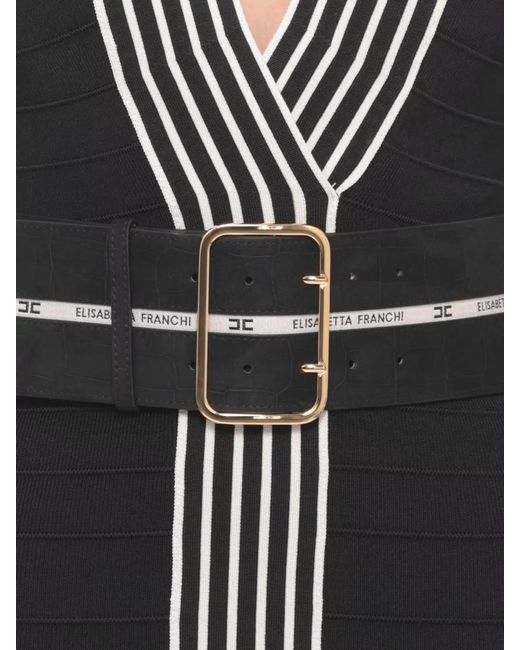 Elisabetta Franchi Black Knitted V-Neck Belted Knee-Length Dress