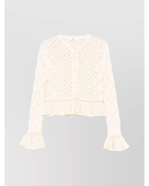 Chloé White Silk Cropped Ruffled Cardigan