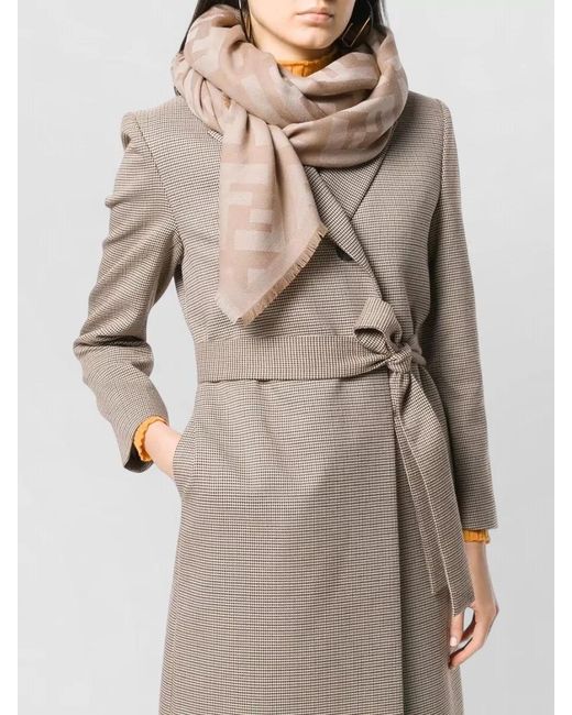 Fendi Natural Wool Silk Logo-Print Shawl