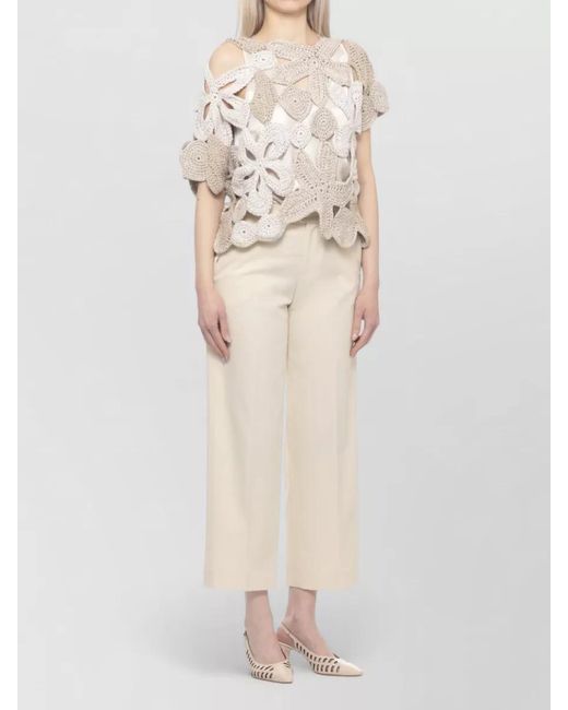 Antonelli Natural Crochet Linen Blend Top Round Neckline
