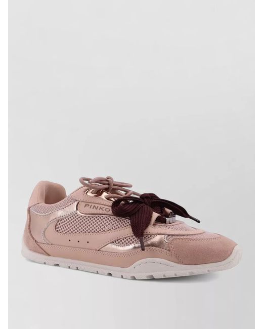 Pinko Brown Leather Mesh Low-Top Sneakers