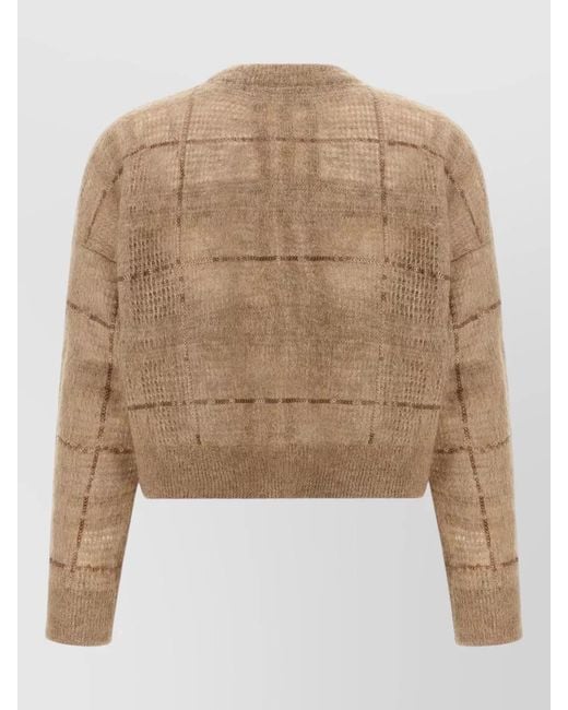 Brunello Cucinelli Natural Sequin Check Mohair Wool Crew Sweater