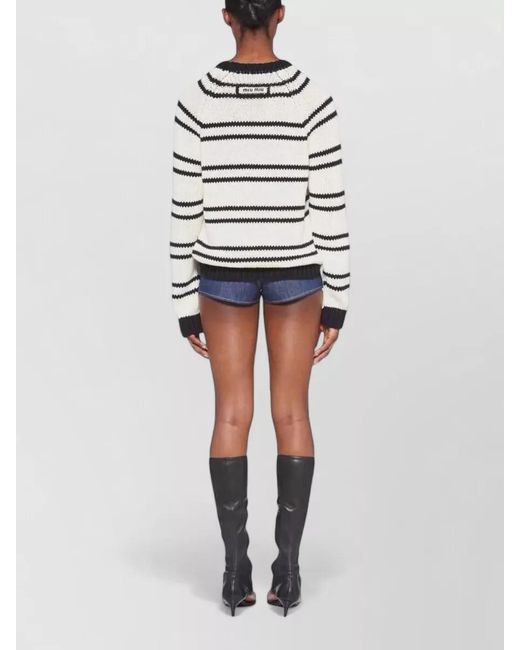 Miu Miu Gray Cotton Jersey Crew Neck Striped Knit