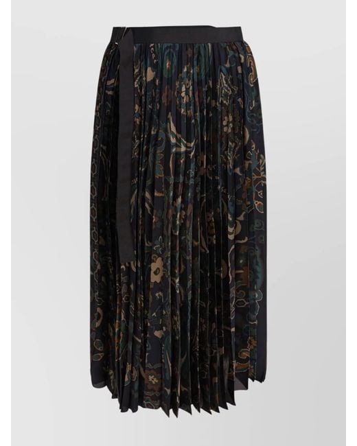 Sacai Black Floral-Print Pleated Skirt