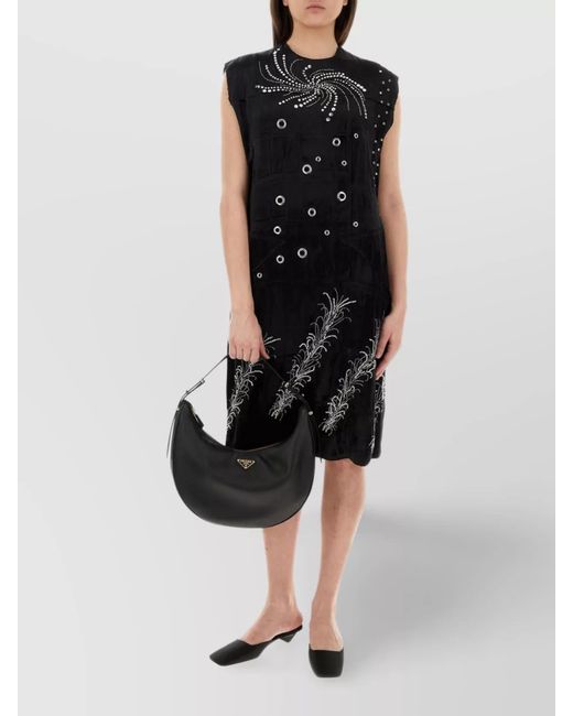 Prada Black Velvet Studded Rhinestone Round Neck Dress