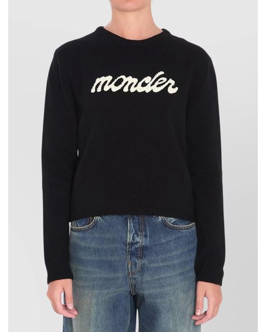 Moncler Black Virgin Wool Cashmere Cropped Regular-Fit Logo-Embroidered Sweater